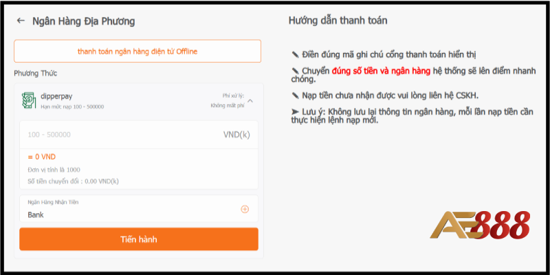 Nạp tiền AE888  thuận lợi qua ngân hàng