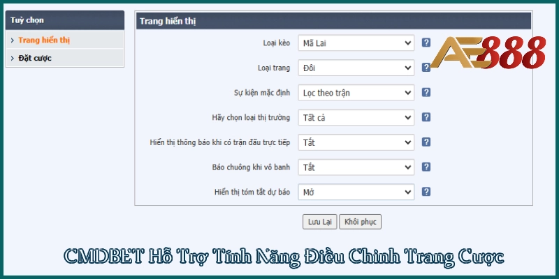 Thành viên có thể tủy chính giao diện trang cược chính